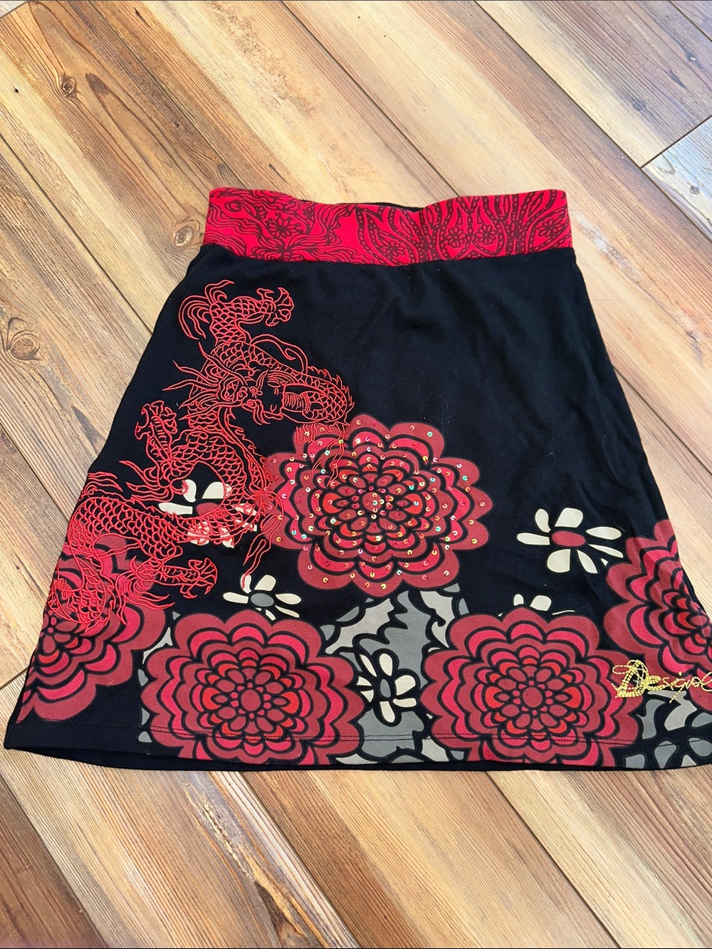 Desigual Black Skirt with Red Floral & Dragon Motif